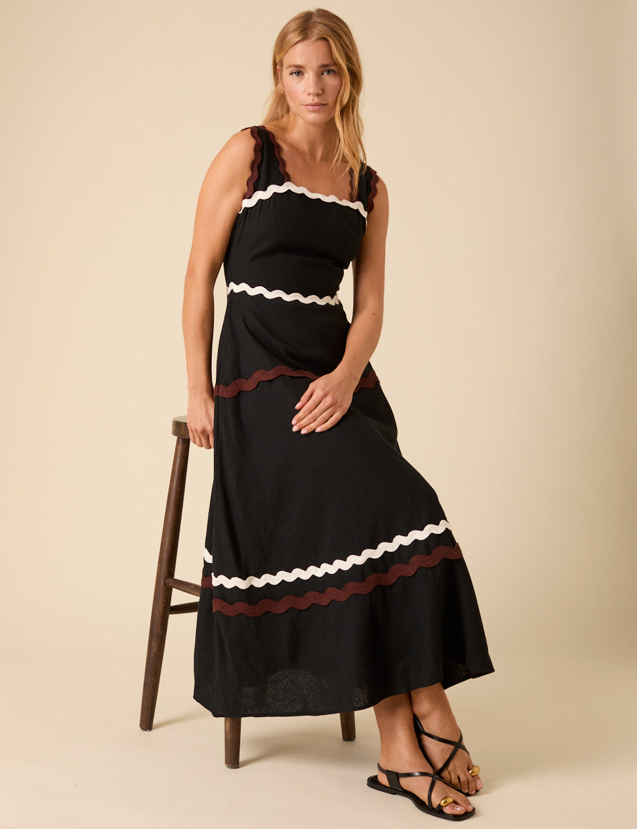 Black Linen-blend Contrast Trim Acacia Midi Dress