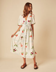 White Fruit Print Tie Front Scarla Midi Dress