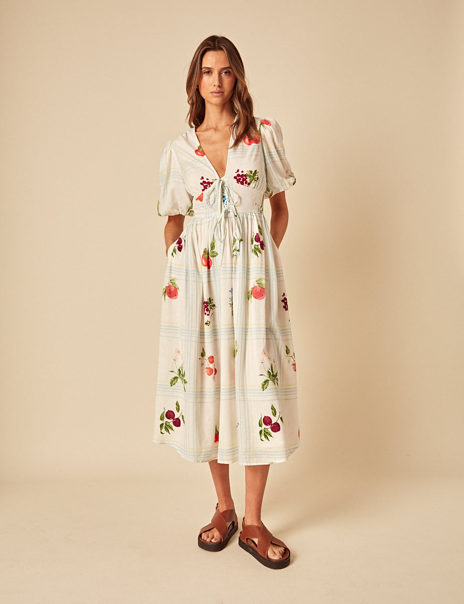 White Fruit Print Tie Front Scarla Midi Dress