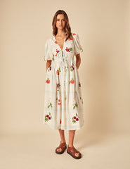 White Fruit Print Tie Front Scarla Midi Dress