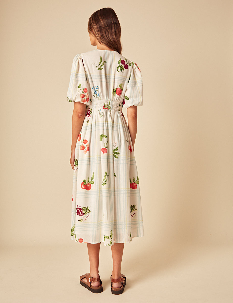 White Fruit Print Tie Front Scarla Midi Dress