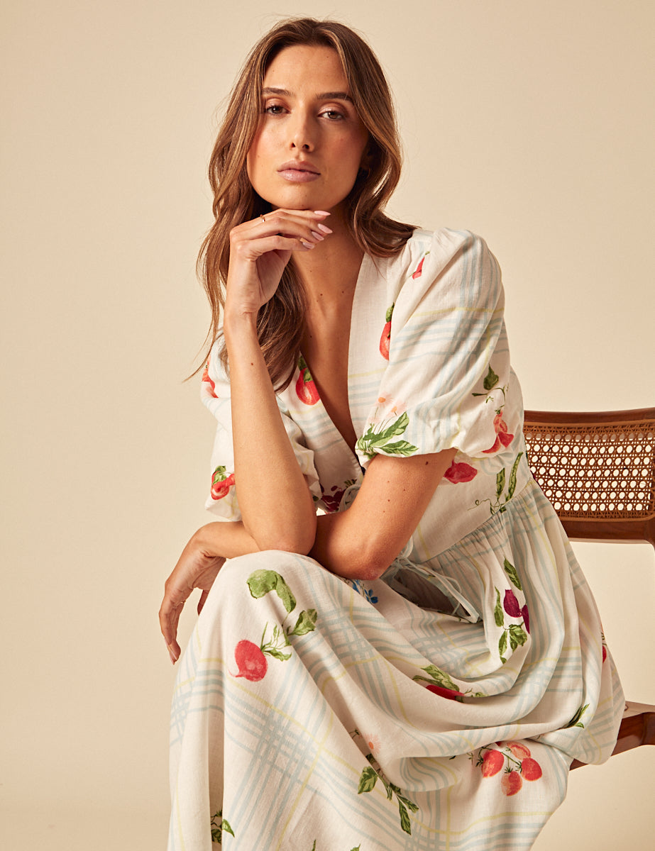 White Fruit Print Tie Front Scarla Midi Dress