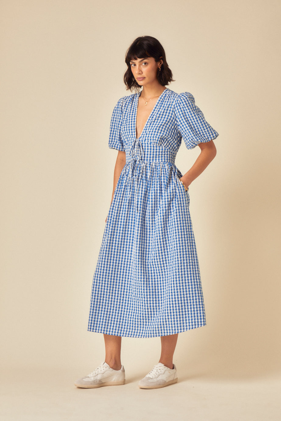Blue Gingham Tie Front Scarla Midi Dress