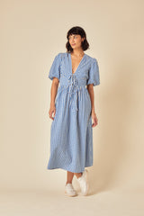 Blue Gingham Tie Front Scarla Midi Dress