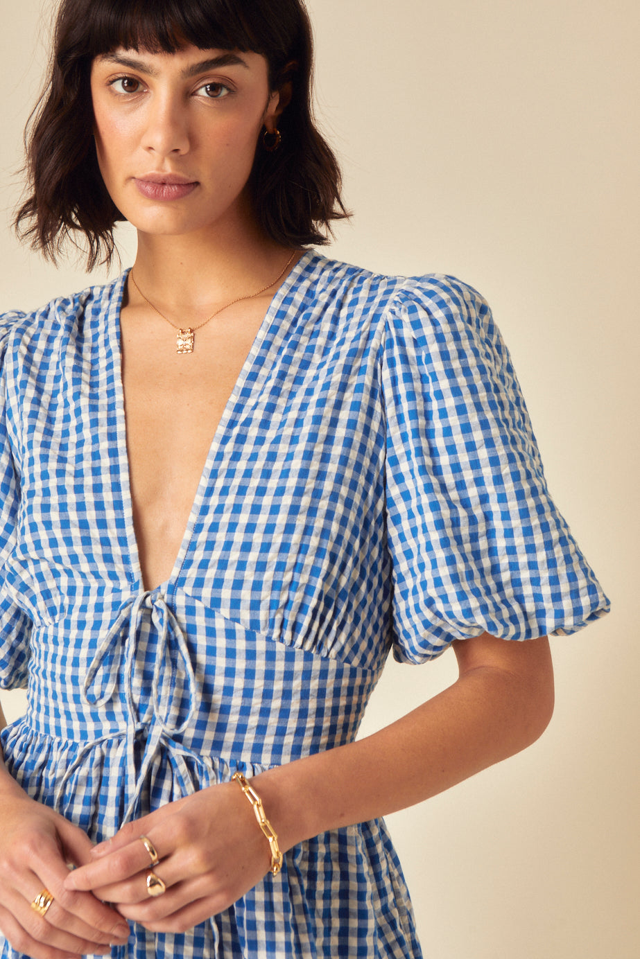 Blue Gingham Tie Front Scarla Midi Dress