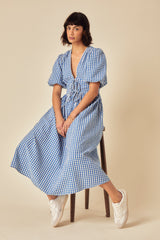 Blue Gingham Tie Front Scarla Midi Dress