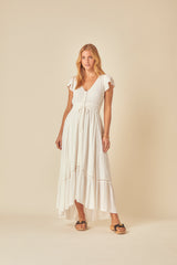 White V-neck Frill Veda Midi Dress