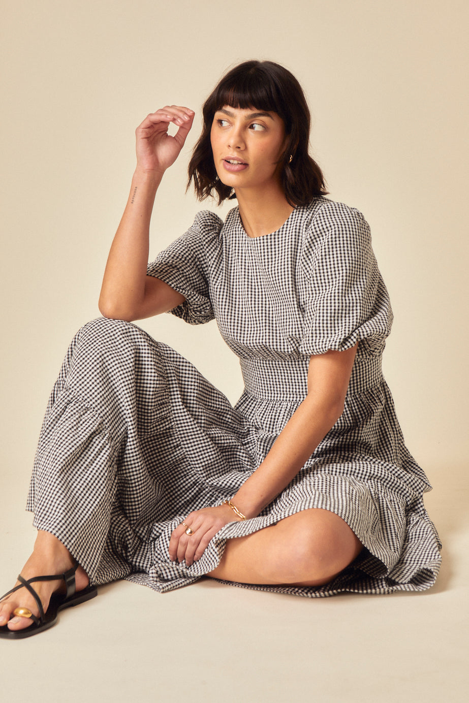 Black Gingham Tiered Ricky Midi Dress