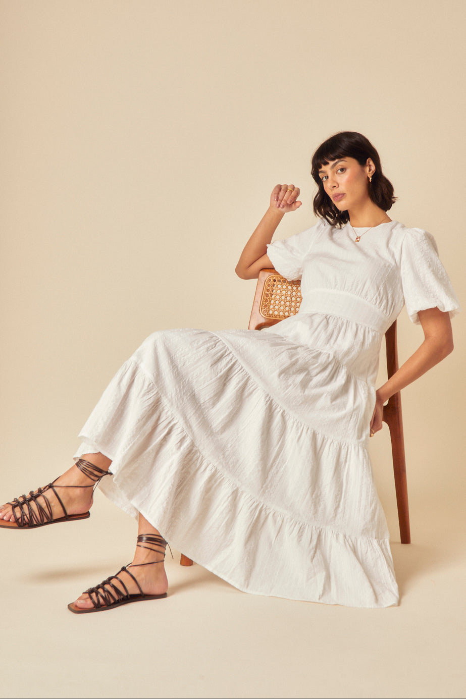White Seersucker Tiered Ricky Midi Dress