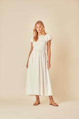White Shirred Puff Sleeve Sasha Midi Dress