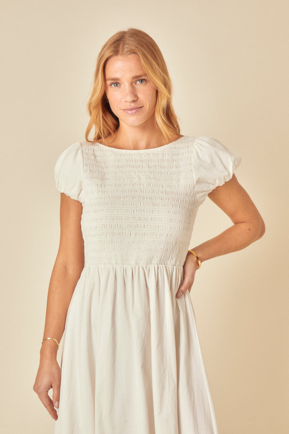 White Shirred Puff Sleeve Sasha Midi Dress
