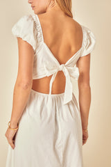 White Shirred Puff Sleeve Sasha Midi Dress