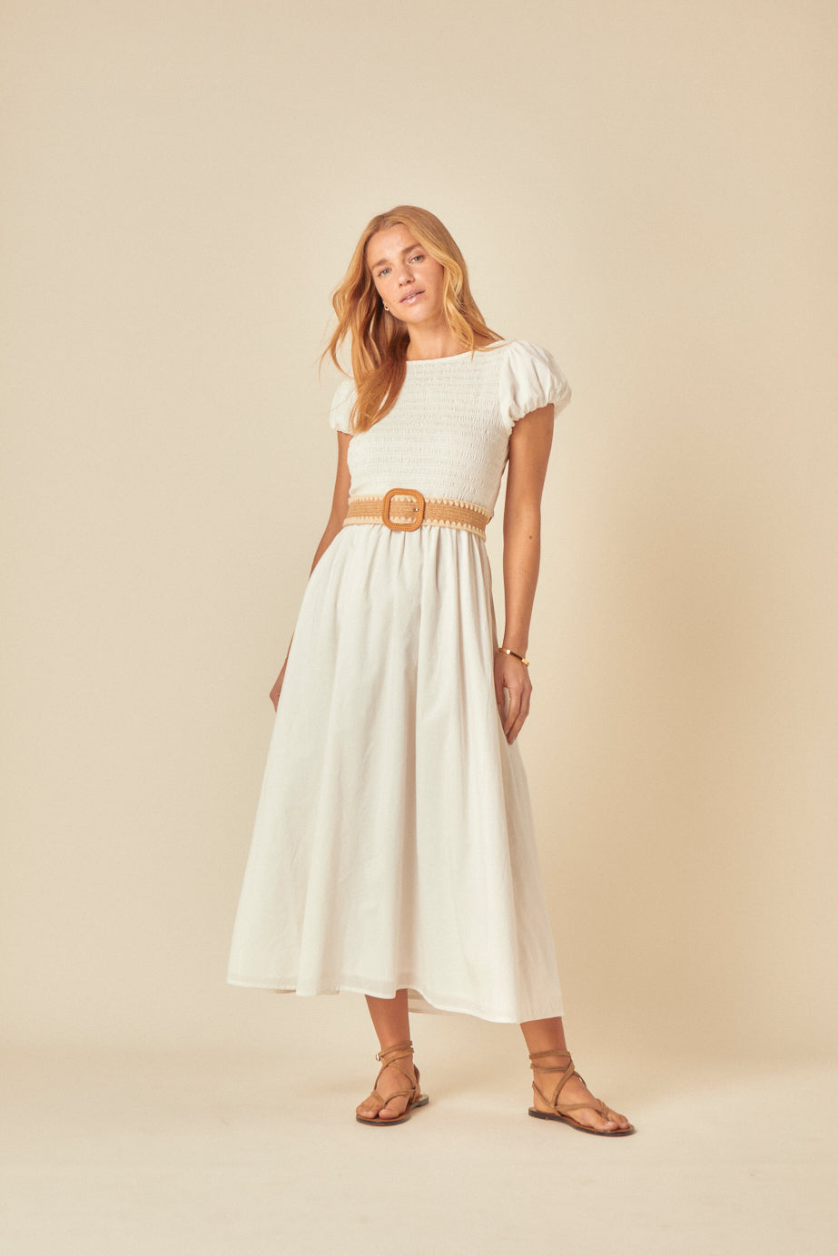 White Shirred Puff Sleeve Sasha Midi Dress