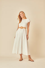 White Shirred Puff Sleeve Sasha Midi Dress