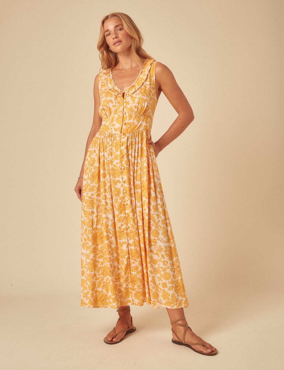 Yellow Printed Sleeveless Flossie Midi Dress