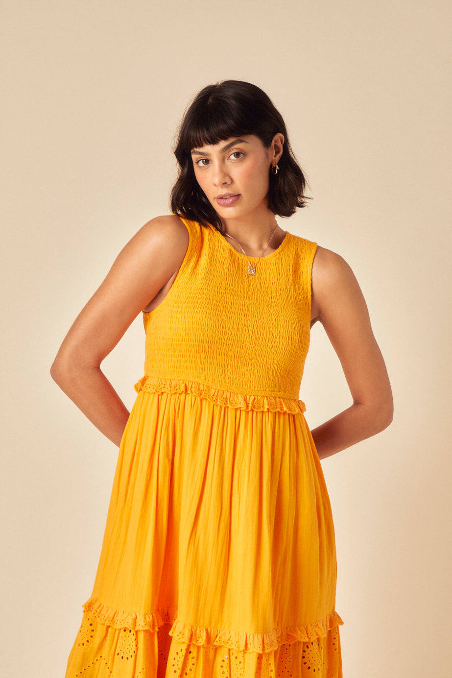 Yellow Ruched Tiered Blossom Midi Dress