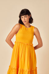 Yellow Ruched Tiered Blossom Midi Dress