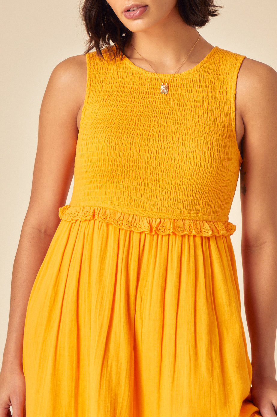 Yellow Ruched Tiered Blossom Midi Dress