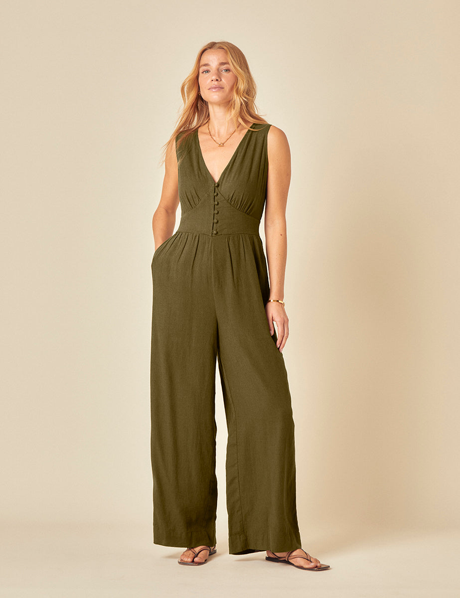 Green Linen-blend Sleeveless Starlight Jumpsuit