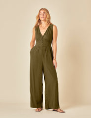 Green Linen-blend Sleeveless Starlight Jumpsuit