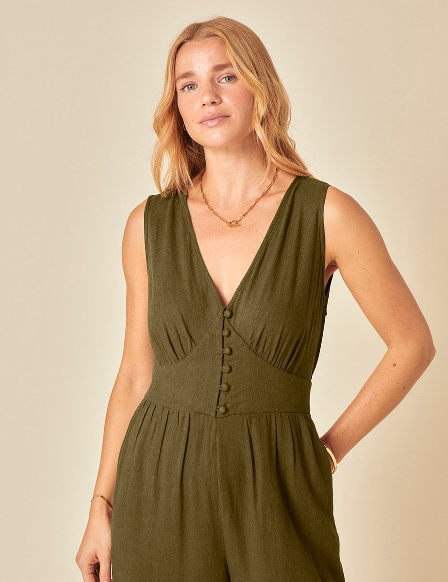Green Linen-blend Sleeveless Starlight Jumpsuit