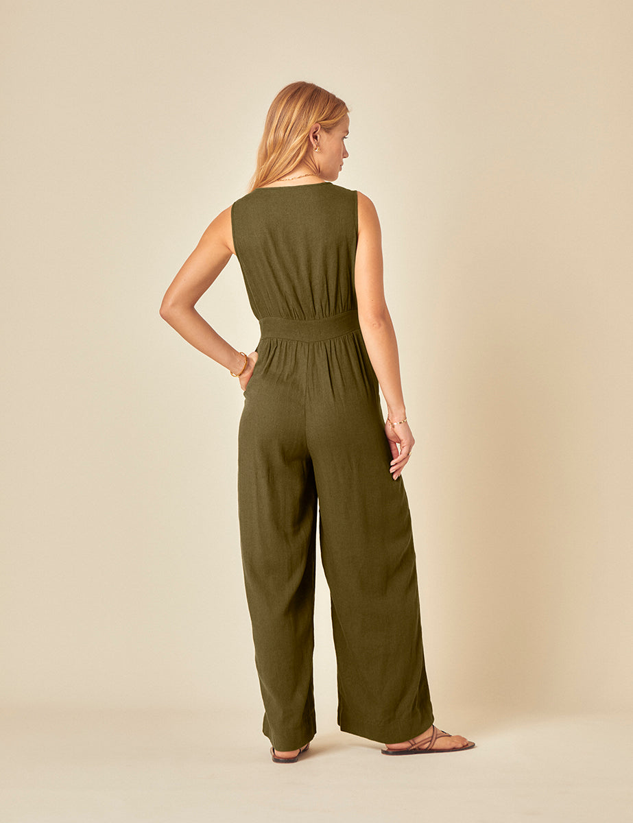 Green Linen-blend Sleeveless Starlight Jumpsuit