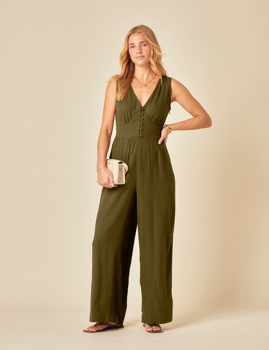 Green Linen-blend Sleeveless Starlight Jumpsuit
