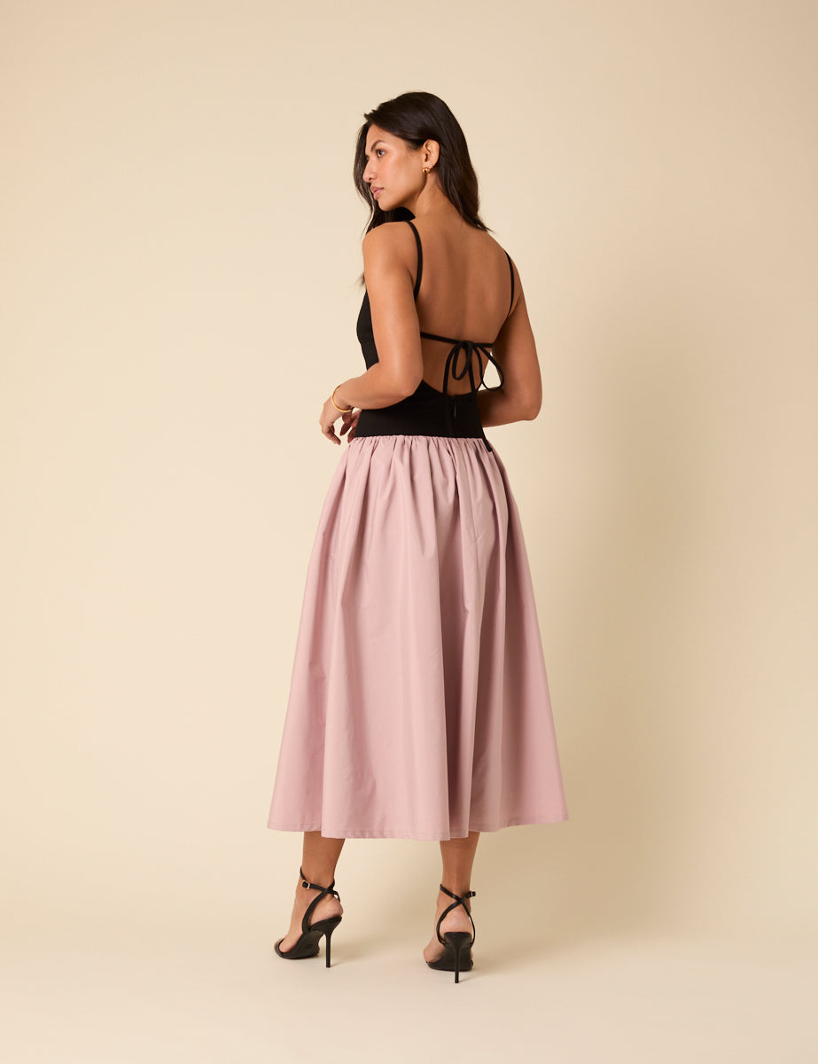 Black And Pink Drop Waist Carmel Midi Dress