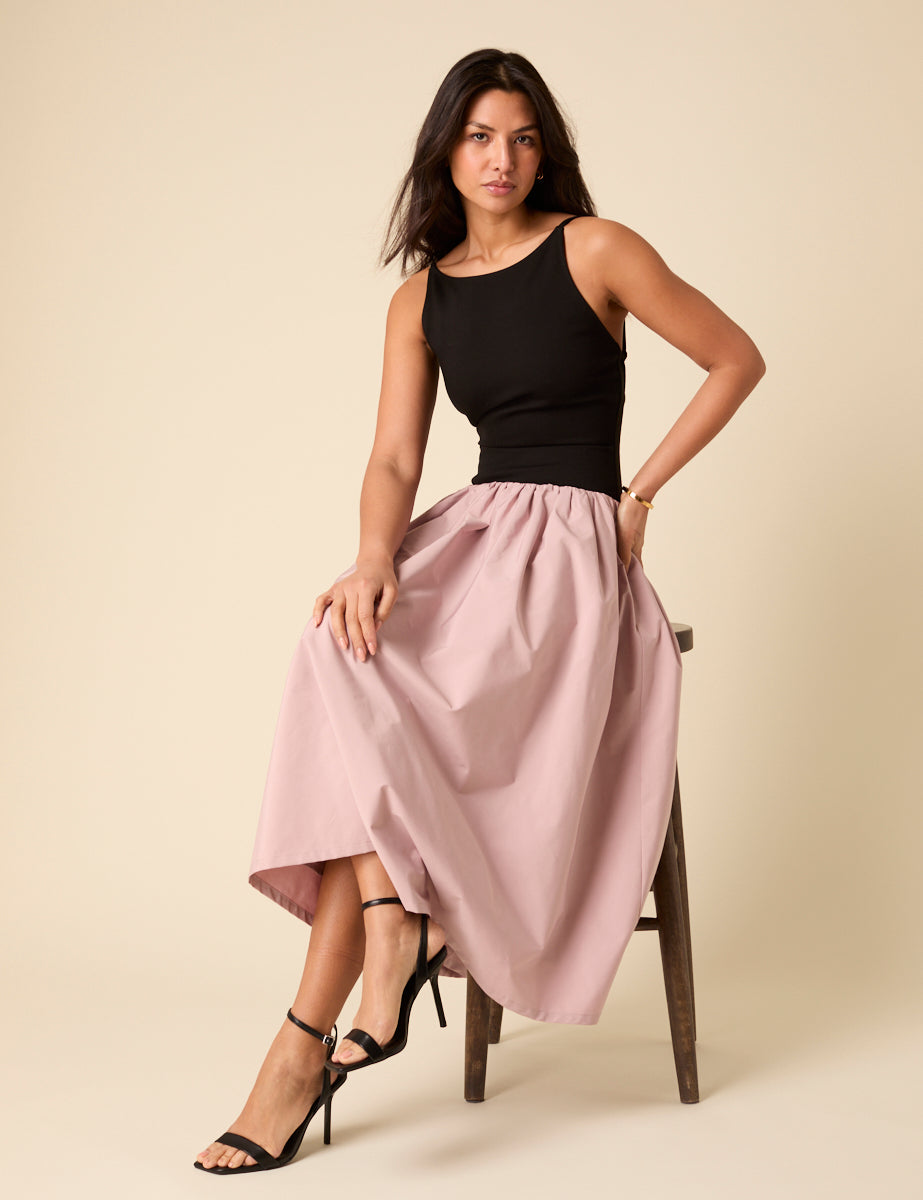 Black And Pink Drop Waist Carmel Midi Dress