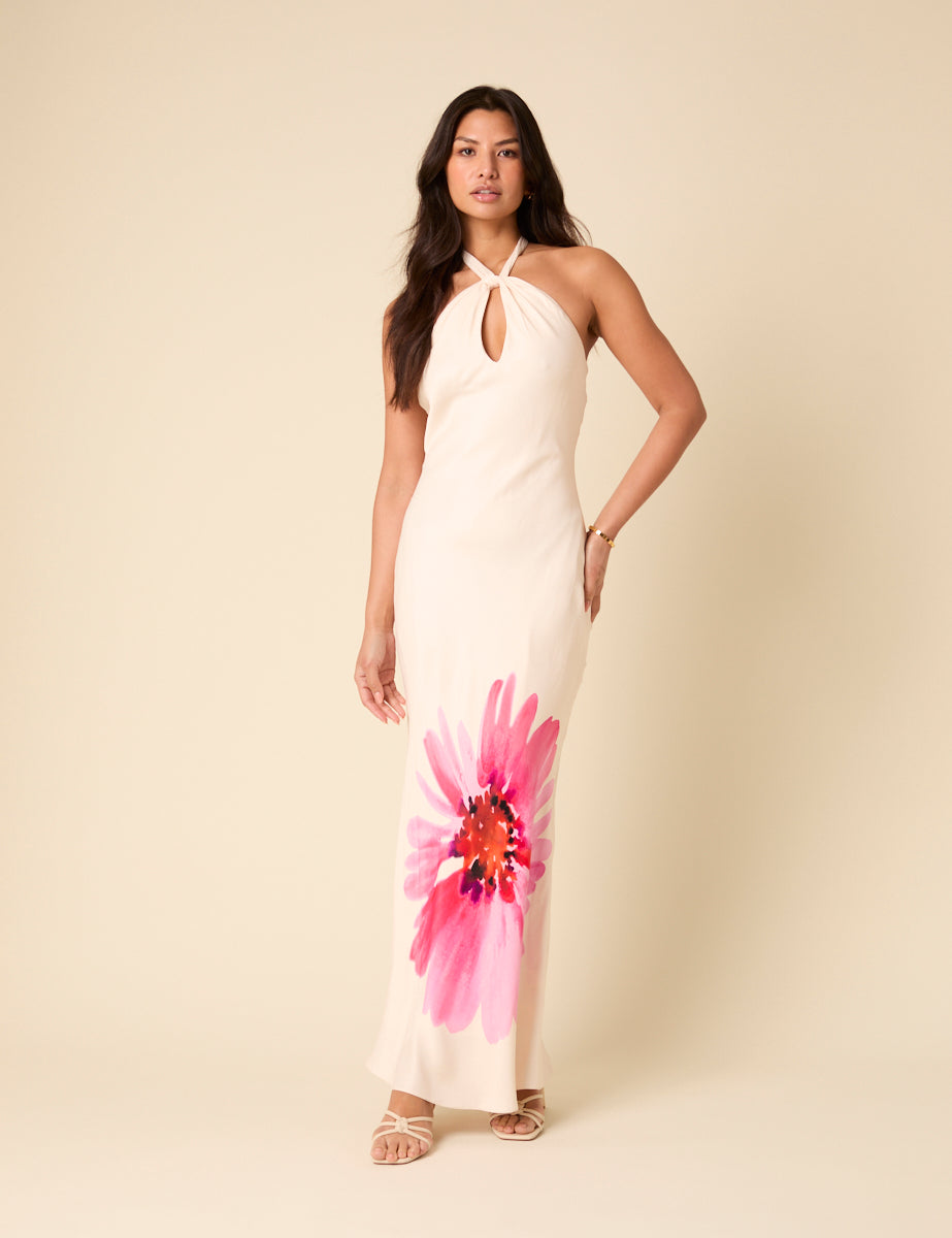 White Floral Halterneck Agnes Maxi Dress