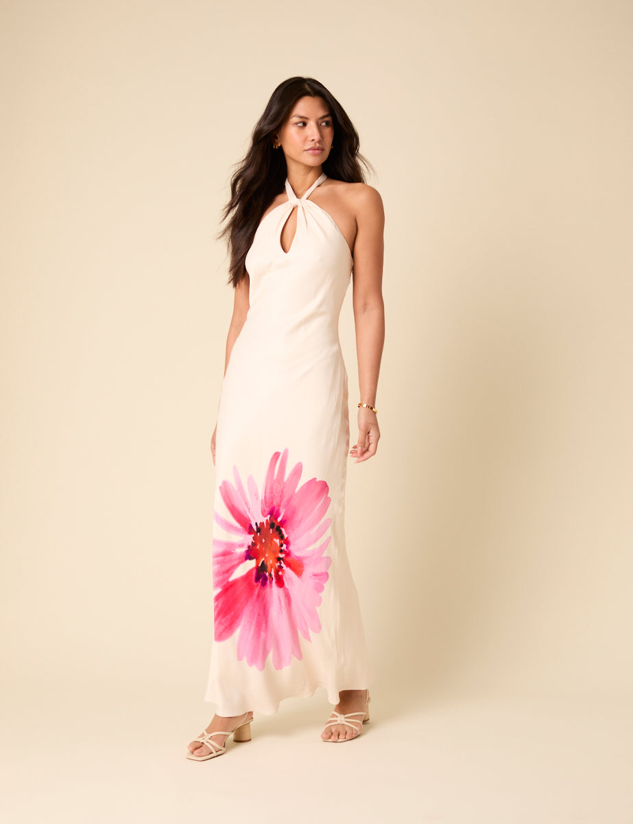 White Floral Halterneck Agnes Maxi Dress