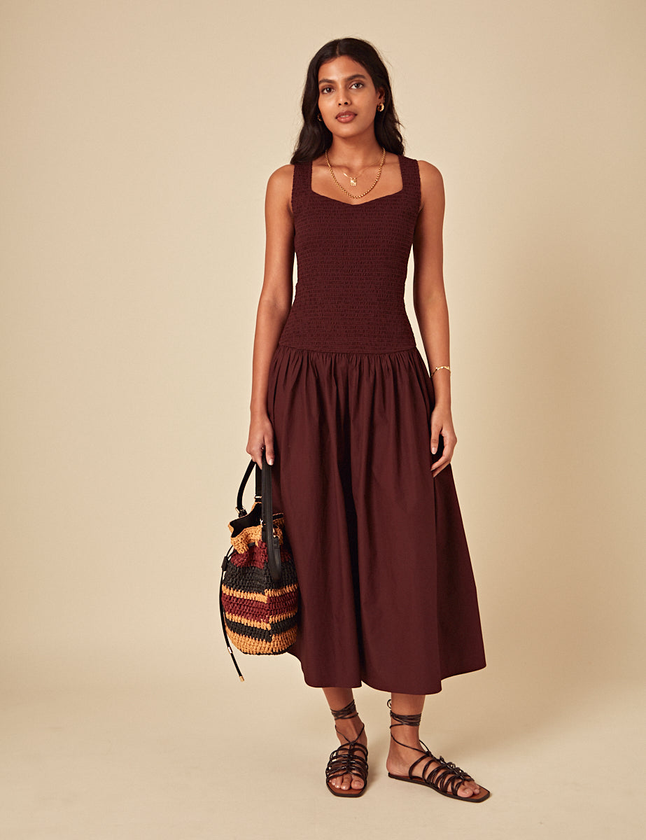 Brown Ruched Drop Waist Thalia Midi Dress