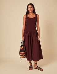Brown Ruched Drop Waist Thalia Midi Dress
