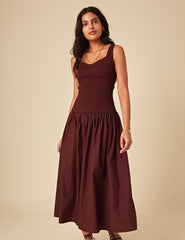 Brown Ruched Drop Waist Thalia Midi Dress