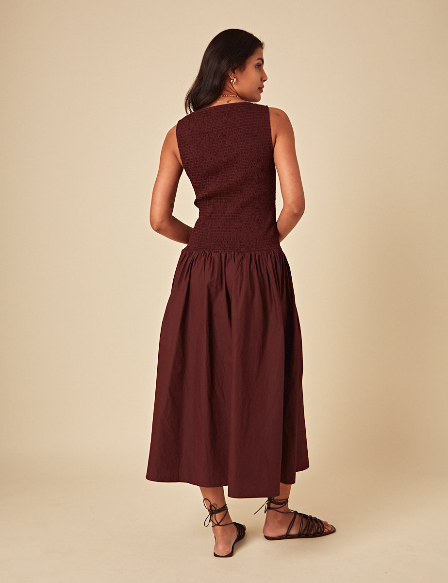Brown Ruched Drop Waist Thalia Midi Dress