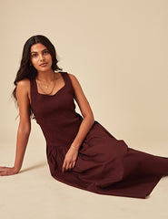 Brown Ruched Drop Waist Thalia Midi Dress