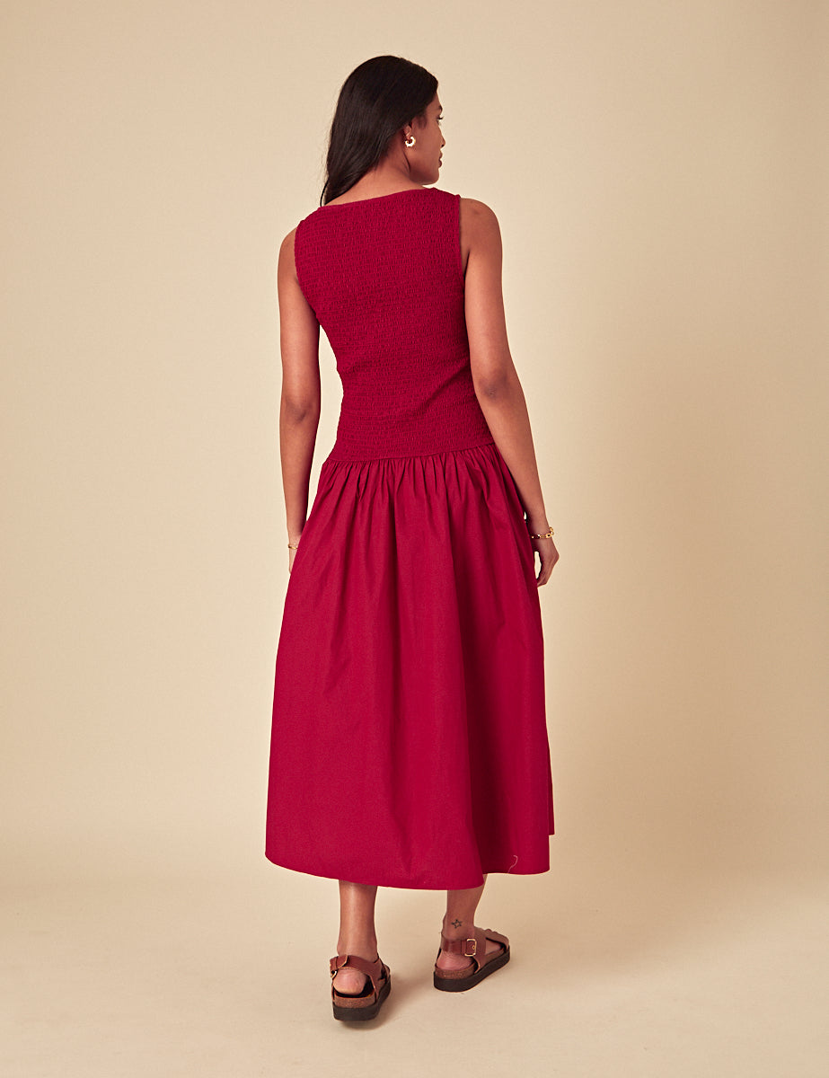 Red Ruched Drop Waist Thalia Midi Dress
