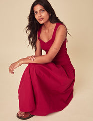 Red Ruched Drop Waist Thalia Midi Dress