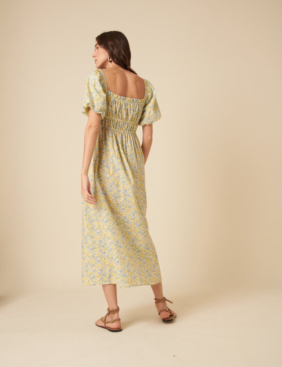 Yellow Ditsy Floral Puff Sleeve Kurtis Midi Dress