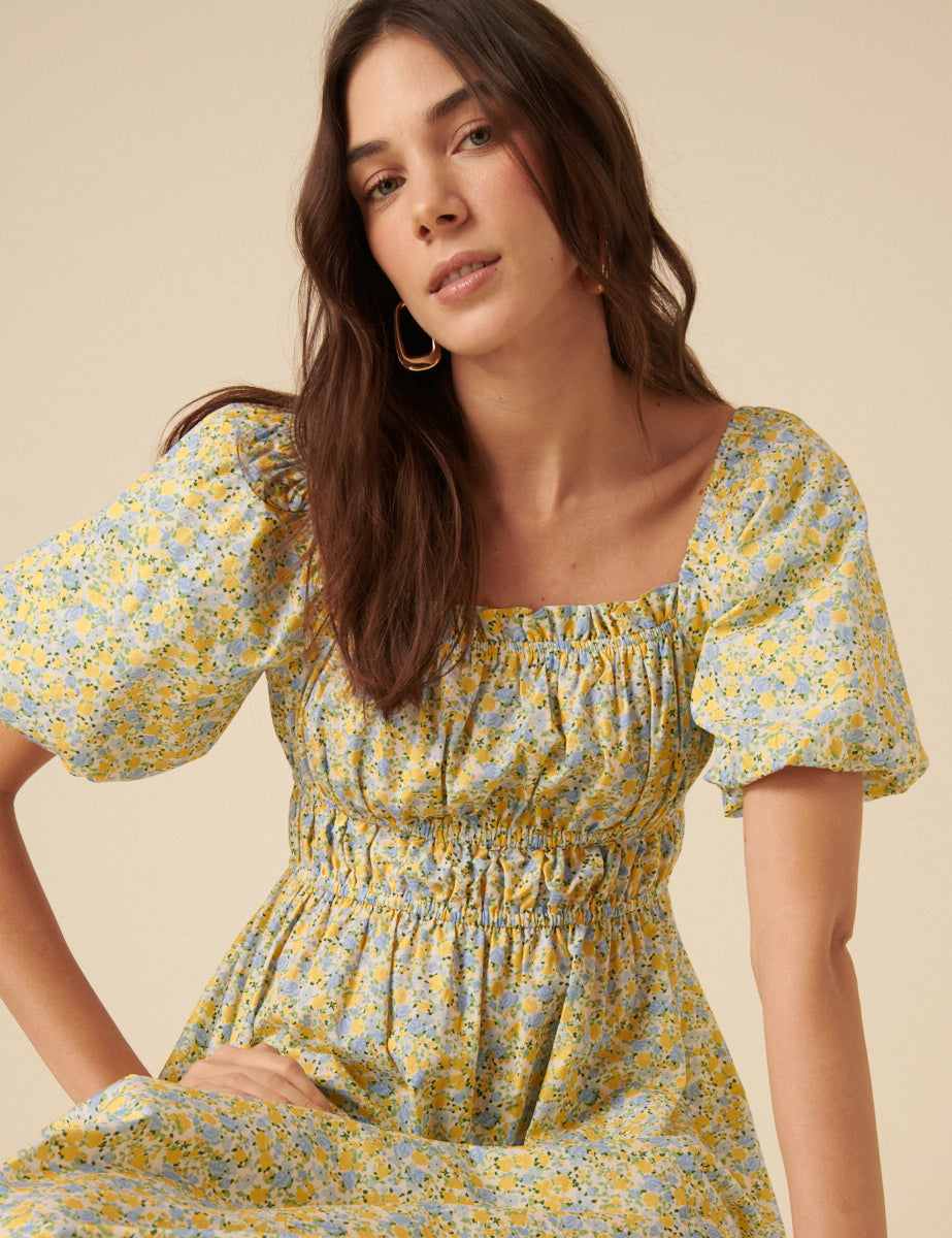 Yellow Ditsy Floral Puff Sleeve Kurtis Midi Dress