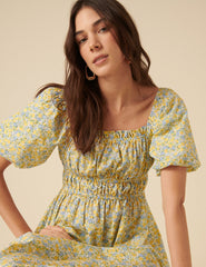 Yellow Ditsy Floral Puff Sleeve Kurtis Midi Dress