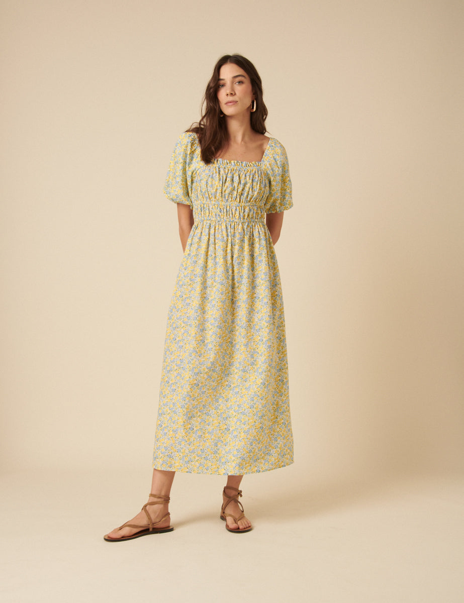 Yellow Ditsy Floral Puff Sleeve Kurtis Midi Dress
