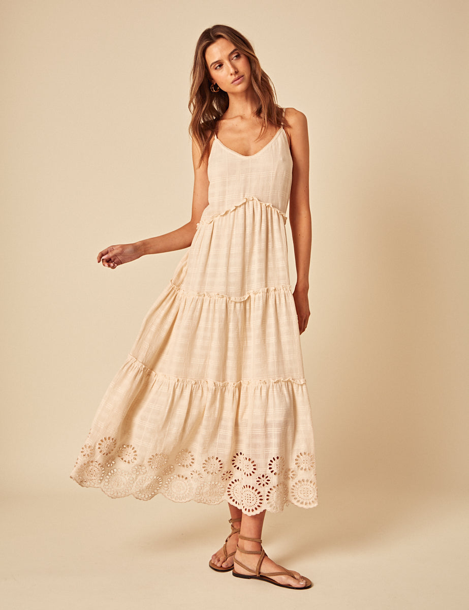 Cream Broderie Anglaise Tiered Scarlett Midi Dress