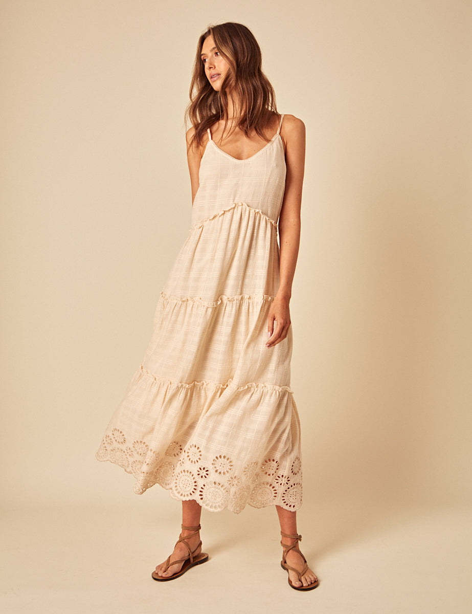 Cream Broderie Anglaise Tiered Scarlett Midi Dress