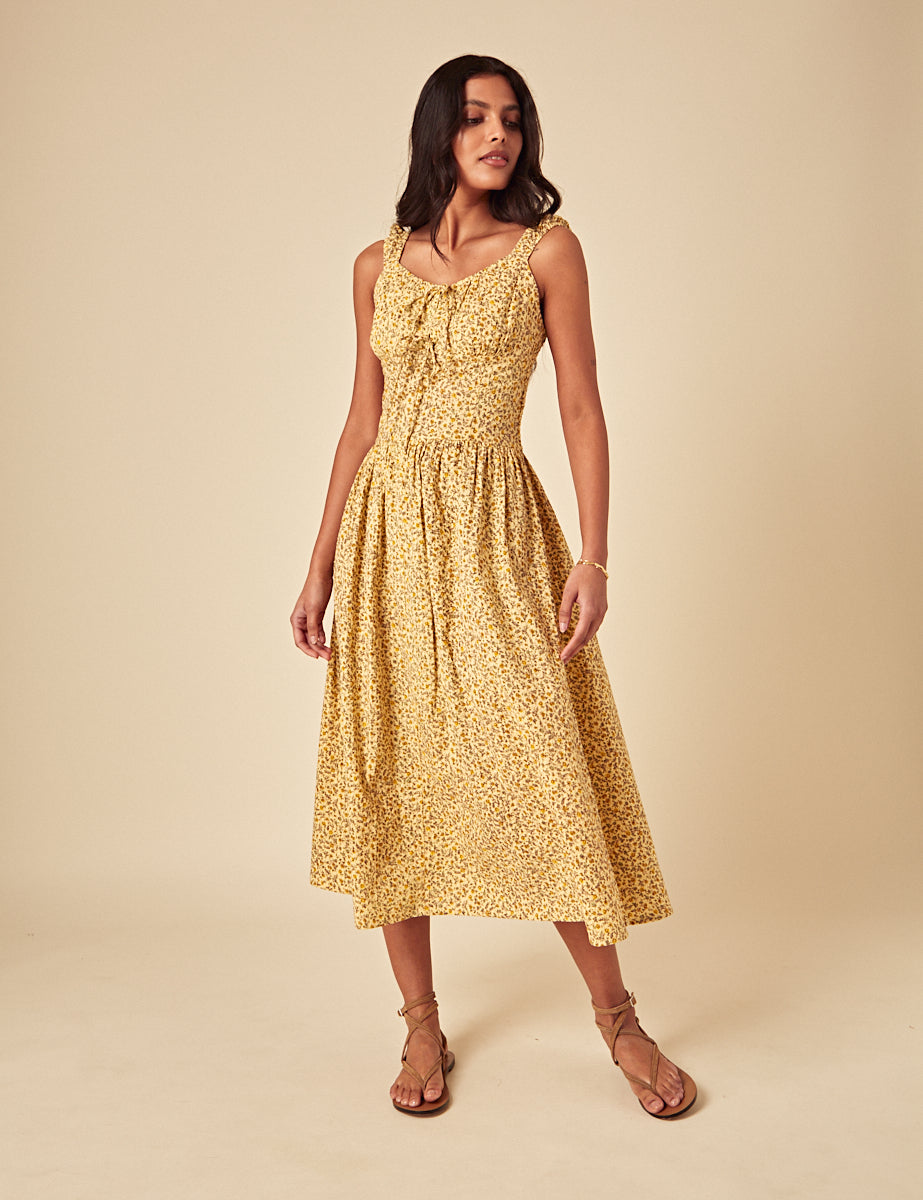 Yellow Ditsy Floral Flick Midi Dress