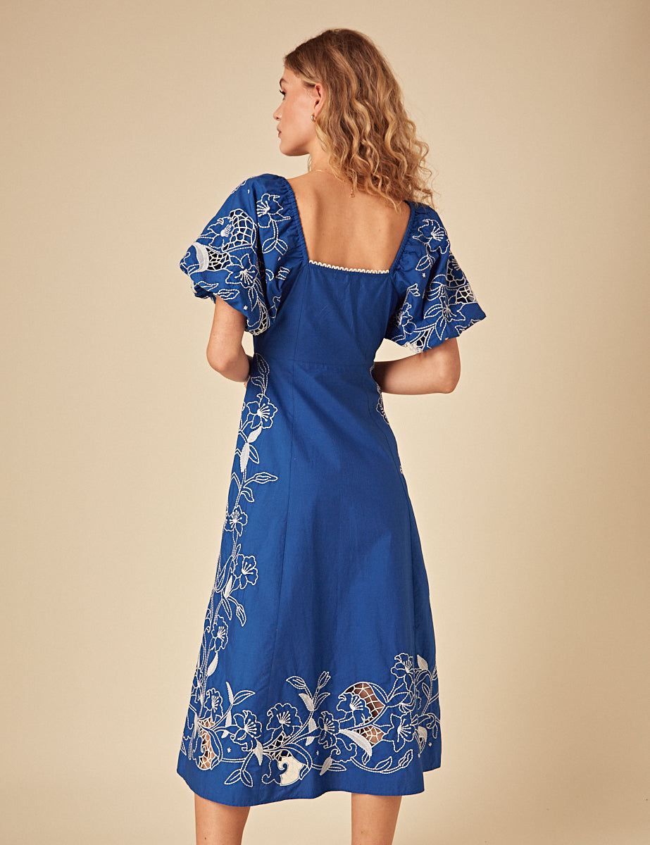 Blue Floral Embroidered Puff Sleeve Beatrix Midi Dress