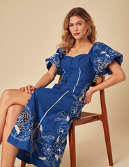 Blue Floral Embroidered Puff Sleeve Beatrix Midi Dress