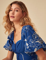 Blue Floral Embroidered Puff Sleeve Beatrix Midi Dress
