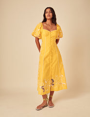 Yellow Floral Embroidered Puff Sleeve Beatrix Midi Dress