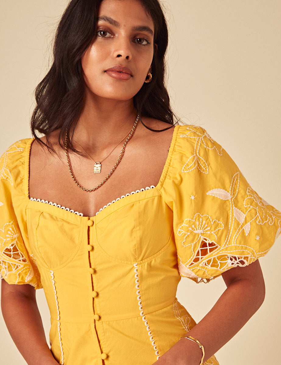 Yellow Floral Embroidered Puff Sleeve Beatrix Midi Dress